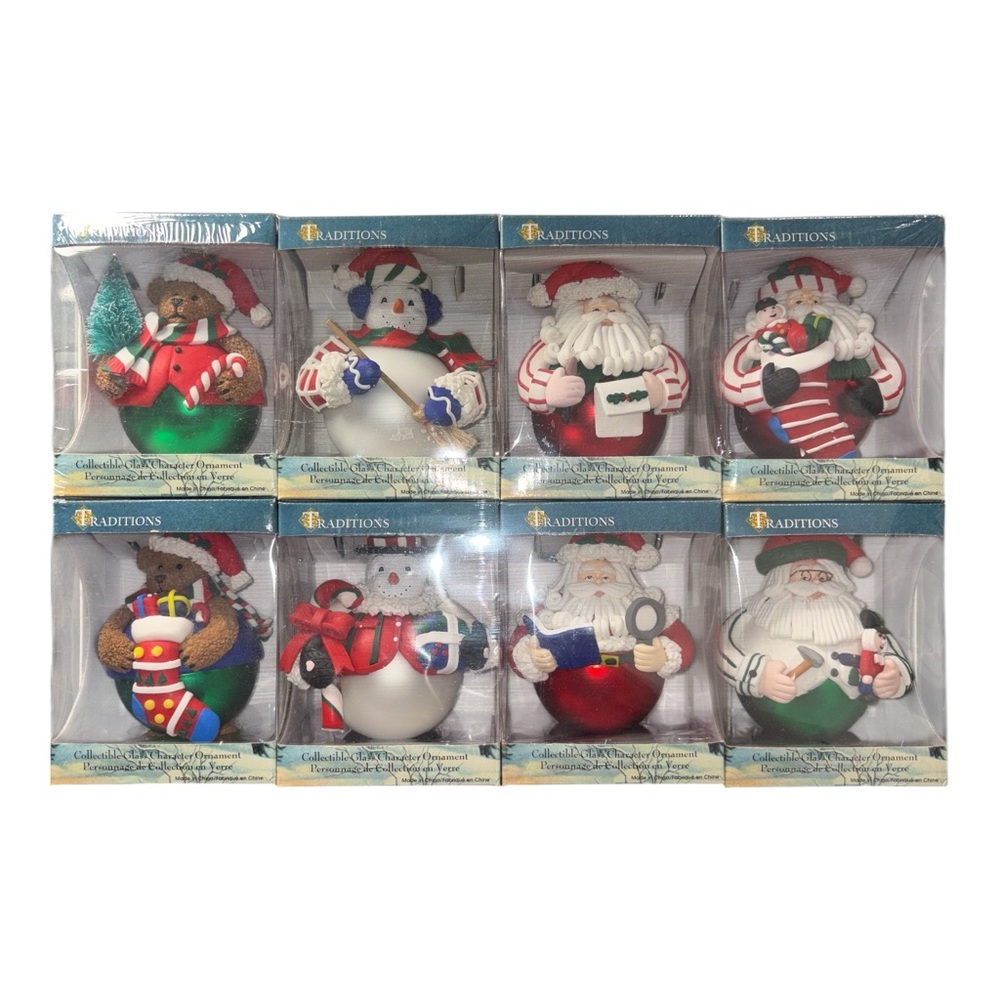 Vintage TRADITIONS Set of 8 Glass Character Christmas Ornaments Costco Santa New